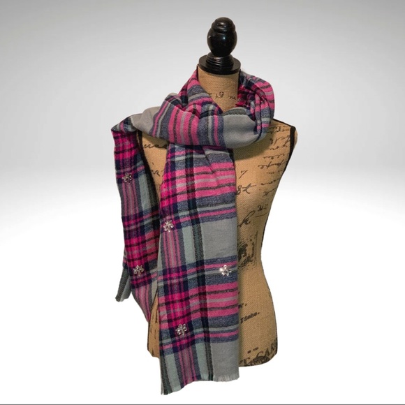 Betsey Johnson Large Multicolor Plaid Embellished Scarf with Fringe Border 76x30 - Picture 1 of 8